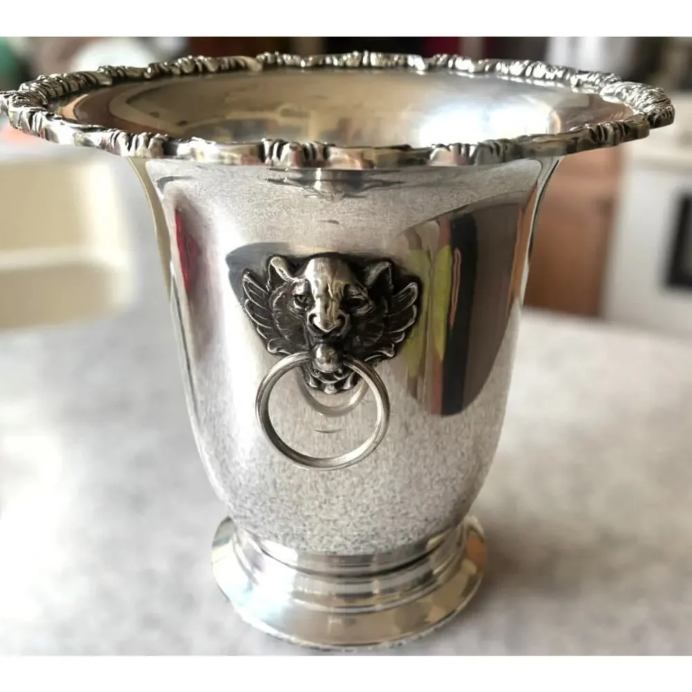 Vintage Poole Silver Plate Champagne Bucket Lion Head Handles Ice Wine Cooler